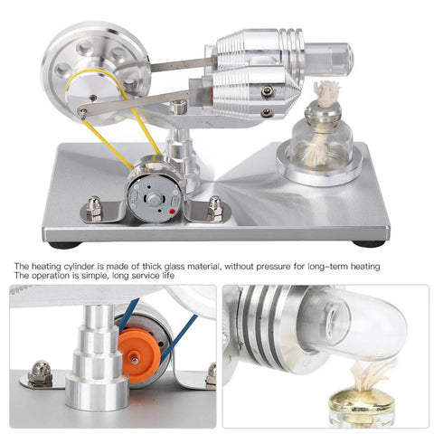 Engine Generator For Science Projects And STEM Learning With Durable Brushed Stainless Steel Base CNC Machined Frame Thick Glass Heating Cylinder Hands On Educational Toy For Curious Kids And Makers, front view