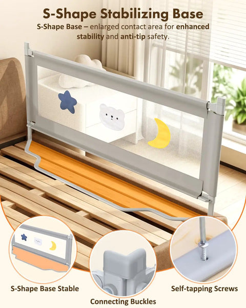 Queen Size Toddler Bed Guard Rails 3 Pack With Headboard Rod, Height Adjustable 2 to 13 Inches, S-shape stabilizing base