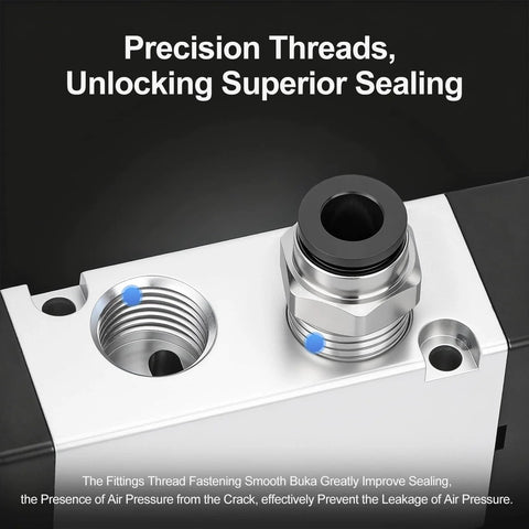 Close-up view of precision threads on 4 Station Solenoid Valve Manifold Kit, 12V DC 5 Way 2 Position Pneumatic Air Valve.