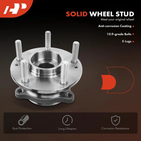 Front Wheel Bearing And Hub Assembly 5-Lug Direct Fit Compatible With Hyundai Sonata 2015-2019, Tucson 2016-2021, Veloster N 2020-2022, Nexo 2019-2023, Kia Optima, Sportage, Cadenza OEM-Grade Replacement shown with anti-corrosion coating and solid wheel studs.