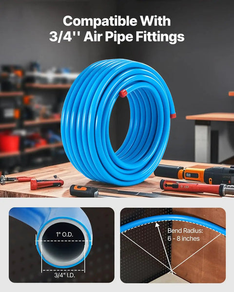 Heavy Duty Pro Grade 300 Foot Air Compressor Line Kit With Three Quarter Inch HDPE Aluminum HDPE Three Layer Tubing For Garages And Workshops Leak Proof Pressure Resistant Easy To Install coiled on workbench with tools