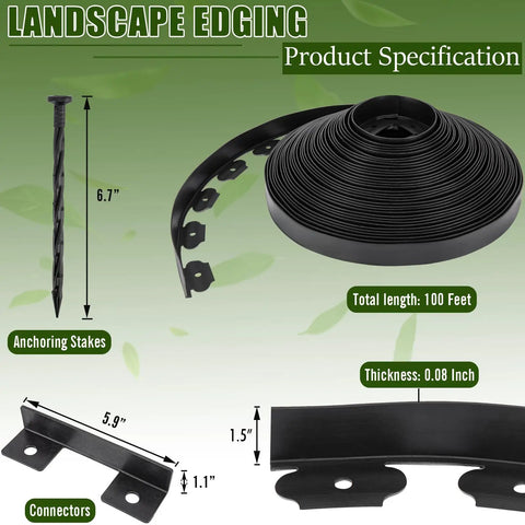 1.5 Inch Tall Landscape Edging 100 Ft No Dig Garden Border In Black With 5 Pcs Connectors And 120 Pcs Anchoring Spikes displayed