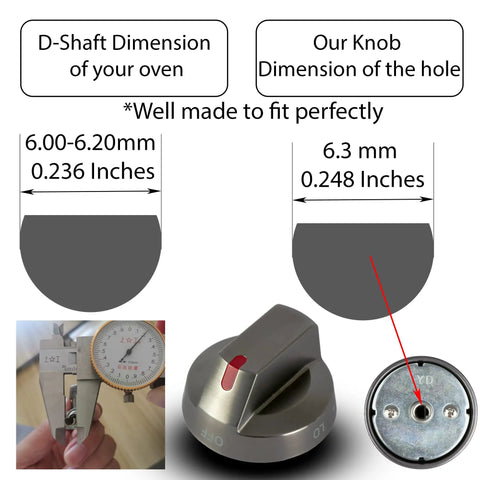 Replacement Oven Knobs Set For Black Stainless Steel Ranges Easy Grip Control Knobs showing dimensions and fit specifications