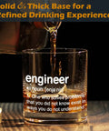 Engineering Themed Whiskey Glass Gift For Men 10 Oz Rocks Glass with definition print, whiskey pouring, and solid base.