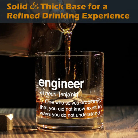 Engineering Themed Whiskey Glass Gift For Men 10 Oz Rocks Glass with definition print, whiskey pouring, and solid base.