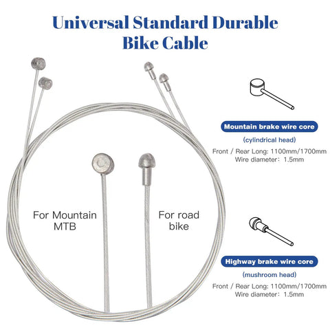 Universal standard durable bike cable for MTB and road bikes, shown with cylindrical and mushroom brake wire cores.
