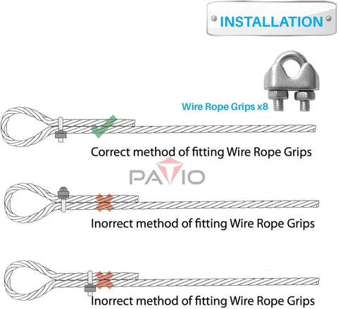 Installation diagram showing correct and incorrect use of clamps for Three Sixteenth Inch Stainless Steel Wire Rope Cable Kit, Thirty Feet Long With Eight Coated Clamps, 7x19 Core Metal For Picture Hanging, Zip Line, Fencing And Shade Sail Hardware.