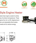 Diagram of CB CL WL Tank Style Engine Heater with dimensions and installation instructions.
