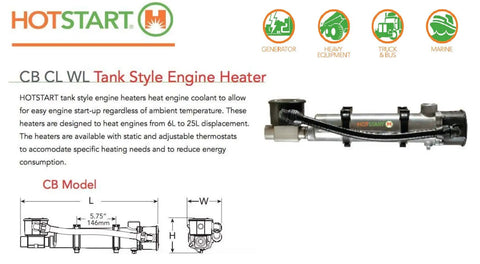 Diagram of CB CL WL Tank Style Engine Heater with dimensions and installation instructions.