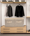 Closet Shoe Organizer With Clear Cover And Adjustable Dividers Large 24 Pair Shoe Rack And Basket Light Brown Finish displayed in closet.