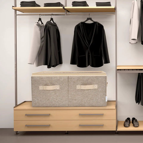 Closet Shoe Organizer With Clear Cover And Adjustable Dividers Large 24 Pair Shoe Rack And Basket Light Brown Finish displayed in closet.