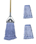 Heavy Duty Commercial Mop Set With Fifty Eight Inch Handle And Three Machine Washable Cotton Loop Heads, blue mop head and handle.