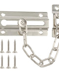 Built Tough Door Chain Lock For Inside Doors, Thickened Swing Bar Latch, Kid Safe Privacy Lock shown with screws, silver finish.