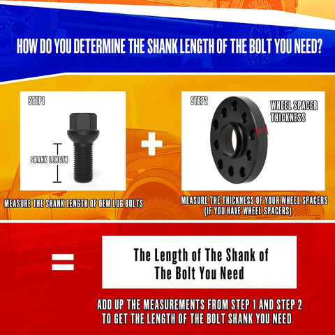 Visual guide to measure shank length for Premium Grade Heavy Duty 14x1.5 Conical Seat OEM Replacement Lug Bolts for BMW Audi VW.
