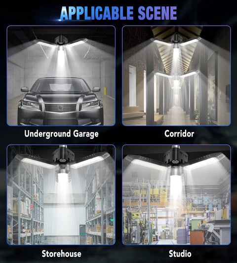 Three Panel Deformable LED Garage Light 60W 8000 Lumens E26 Socket Daylight 6500K Shop Light for Garage Warehouse Workshop Basement Attic Adjustable Bright Panels for Easy Install and Superior Illumination