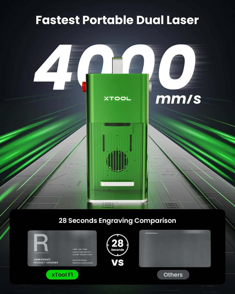 Front view of green xTool F1 dual laser engraver; portable laser engraving machine.