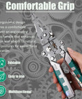 18 In 1 Folding Wire Stripper Pliers with comfortable grip and ergonomic design, shown with gears and features list.