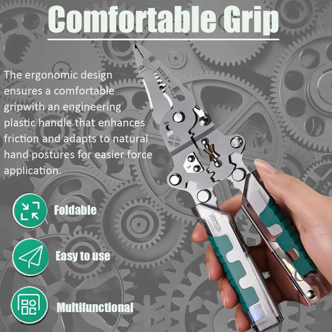 18 In 1 Folding Wire Stripper Pliers with comfortable grip and ergonomic design, shown with gears and features list.