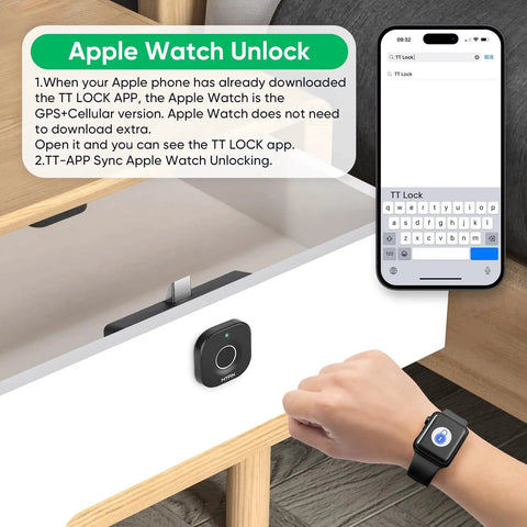 Smart Cabinet Lock With Fingerprint, Bluetooth App And Apple Watch Unlock showing drawer lock and phone app in use.