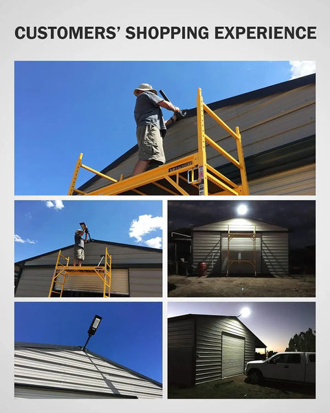 Installation of 800W Solar Street Lights Outdoor With 60000LM Motion Sensor And Remote on metal building, night illumination