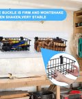 Four Piece Large Slatwall Baskets Set Ventilated Metal Pegboard Baskets for PVC Slatwall Panels Hangin Storage for Garage Organization and Display Black mounted on white wall holding tools and wood.