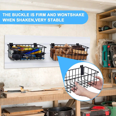 Four Piece Large Slatwall Baskets Set Ventilated Metal Pegboard Baskets for PVC Slatwall Panels Hangin Storage for Garage Organization and Display Black mounted on white wall holding tools and wood.