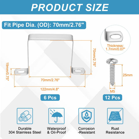 Front view of square pipe clamp, 70x70mm, 304 stainless U-bracket with self-tapping screws (6 pcs)
