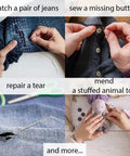 Various clothing repairs using Compact Sewing Kit For Beginners Portable Travel Essentials With 12 Thread Colors And 75 Plus Tools.