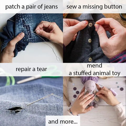 Various clothing repairs using Compact Sewing Kit For Beginners Portable Travel Essentials With 12 Thread Colors And 75 Plus Tools.