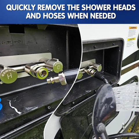 3-Piece RV Exterior Shower Quick-Connect Kit, Brass Water Hose Fittings With Leak-Proof Self-Locking Design, No-Fuss Camper Quick Connect Set With 1/2 In BSP And 3/4 In GHT Garden Hose Adapters, Easy Install
