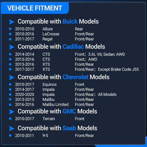 Vehicle Fitment Chart for Buick, Cadillac, Chevrolet, GMC, Saab Models Including Years and Axle Compatibility