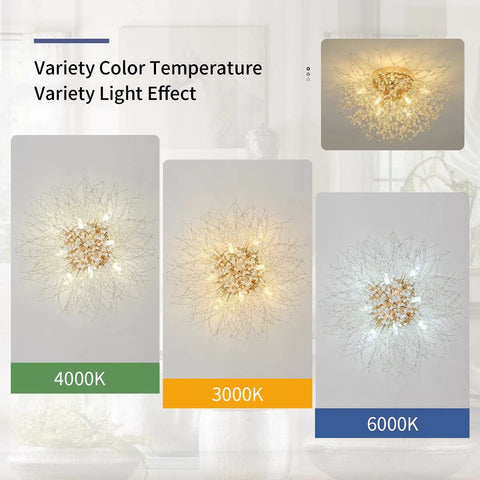 Sputnik Flush Mount Crystal Chandelier In Gold Finish Modern 8 Light Close To Ceiling Fixture For Bedroom Kitchen Hallway Entryway Sparkling Firework Design 11.8 Inch Height And 21.5 Inch Width