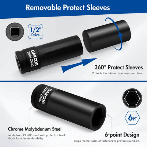 22mm Impact Lug Nut Socket For One Half Inch Drive With Protective Sleeve Chrome Molybdenum Alloy Steel heavy-duty construction