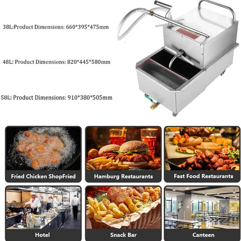 Heavy Duty 38L Commercial Deep Fryer Oil Filter Machine Stainless Steel Portable Filtration System With Swivel Wheels Rapid Cleanse for busy restaurant kitchens.