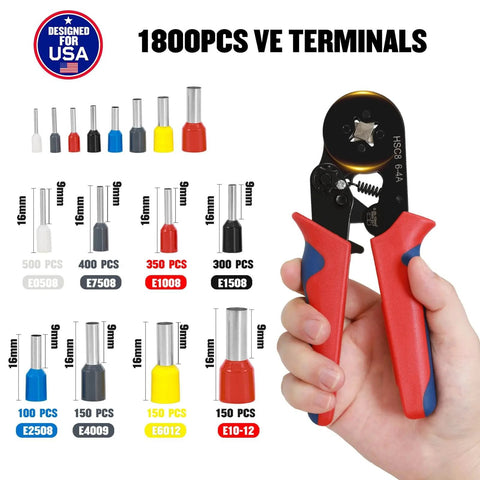 Pro Grade Ferrule Crimping Tool Kit With 1800 Wire Ferrules Set In Eight Sizes AWG 23 To 7 0.25 To 10 Mm Square Self Adjusting