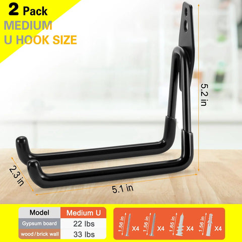 Two Pack Heavy Duty Garage Hooks For Wall Mount Storage, Ultra Sturdy Steel U Hooks With Anti Rust Coating And Non Slip PVC