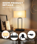 Two Pack Bedside Table Lamps With USB Ports And AC Outlet, 20 Inch Touch Control, cream fabric shade on a wooden table.