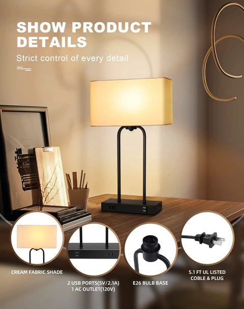Two Pack Bedside Table Lamps With USB Ports And AC Outlet, 20 Inch Touch Control, cream fabric shade on a wooden table.