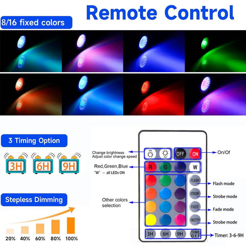 Remote control and color options for Pond Lights Color Changing Underwater RGB Lit Spotlight Kit IP68 Waterproof Submersible Fountain Lights