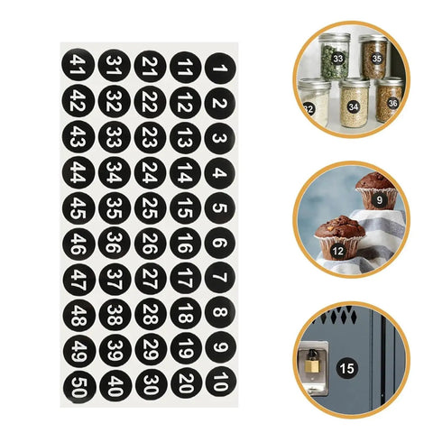 Five Sheets Round Waterproof Number Labels 1 To 50 Self Adhesive Identification Stickers For Office Filing Toolbox And Lockers Clear Labeling Easy Peel Durable PVC Tags For Quick Item Organization, round number sheet