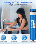 Woman using NSF Certified 2-Year Replacement Filter Cartridge Pack For Standard 5-Stage RO Systems for clear water.