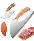 Heavy Duty Stainless Steel Meat Cleaver And 2 Piece Kitchen Chopper Set With Non Slip Grip Ergonomic Handle displayed with sliced meat