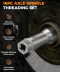 Axle Spindle Rethreading Kit For Mechanics, 16 Piece Precision Restorer Master Repair Set with thread file, close-up view