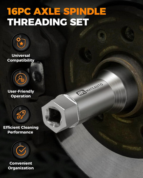 Axle Spindle Rethreading Kit For Mechanics, 16 Piece Precision Restorer Master Repair Set with thread file, close-up view