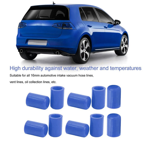 Blue Silicone Vacuum Hose End Caps Kit, 10 Pcs, Universal 16mm Inner Diameter End Plugs with car in background