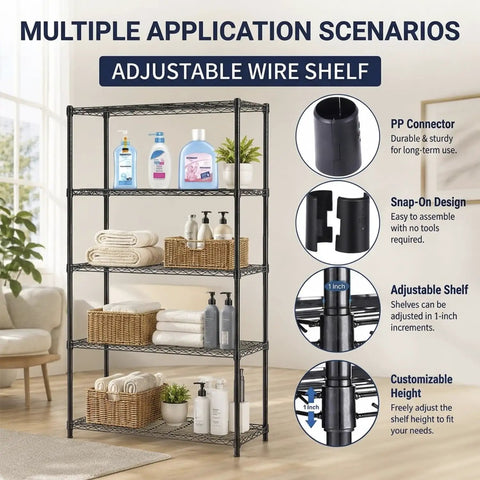 Rock Solid Five Tier Heavy Duty Wire Shelving Unit With Adjustable Metal Storage Shelves For Garage Closet Pantry, Black Corrosion Resistant Rack Holds Two Hundred Fifty Pounds Per Shelf Built To Last