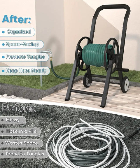 Heavy Duty Garden Hose Reel Cart With Wheels Holds 165 Feet Of Five Eighth Inch Hose In Outdoor Powder Coated Steel Water Storage Rack Includes 3.9 Foot Leader Hose For Yard And Lawn Use Built To Last shown in organized setup with messy hose comparison