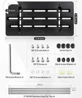 No Drill Front License Plate Bracket Universal Mount with included screws, wrench, caps, bolts, and insert nuts for secure installation