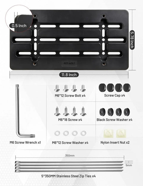 No Drill Front License Plate Bracket Universal Mount with included screws, wrench, caps, bolts, and insert nuts for secure installation