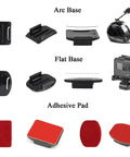 All In One Action Camera Gear Accessory Kit with adhesive helmet base mounts and quick attach tripod adapters layout with camera